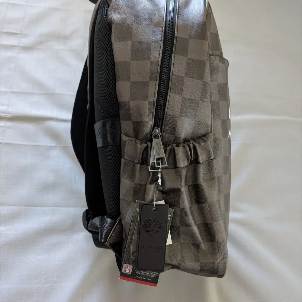 Ed Hardy Checkered Eagle Tattoo Print Faux Leather Backpack NEW!